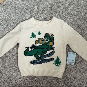 Toddler Cream Sweater with Dinosaur Skiing Design